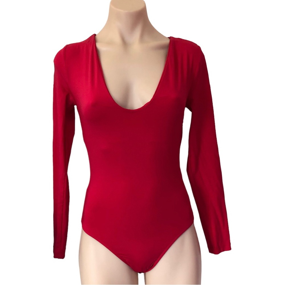 🌿 KOOKAI 🌿 red deep V neck bodysuit size 10 - Picture 1 of 6